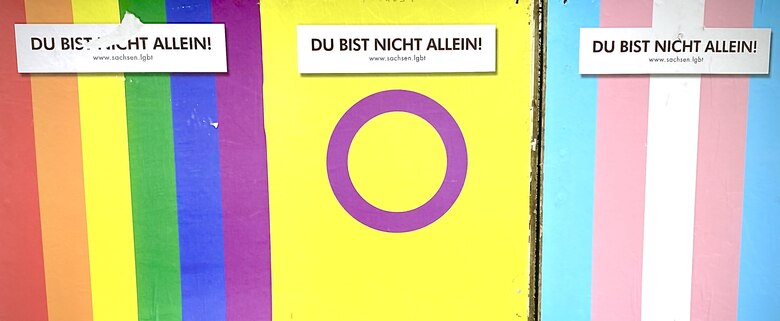 Ein Regenbogen-, ein Intersex- und ein Transflaggenplakat nebeneinander, oben jeweils „DU BIST NICHT ALLEIN!“ (www.sachsen.lgbt). Die Motive stehen für Akzeptanz und Sichtbarkeit queerer und trans Communitys.