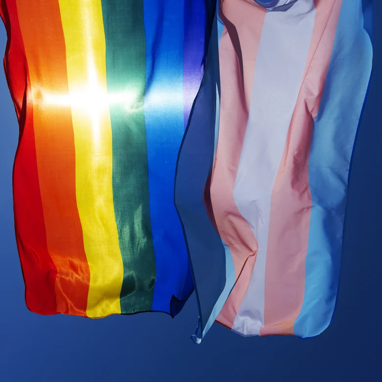 Zwei Fahnen, Regenbogenflagge und Trans-Flagge, wehen vor blauem Himmel. Sonnenlicht spiegelt auf dem Stoff. Die Aufnahme vermittelt Sichtbarkeit, Vielfalt und Stolz queerer und trans Communitys.